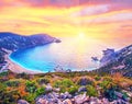 Fantastically fabulous mystical stunning magical landscape with the beach at sunset in Petani Beach, Kefalonia, Greece. Amazing Royalty Free Stock Photo