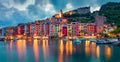 Fantasticspring sunset in Portovenere town. Picturesque evening seascape of Mediterranean sea,  Liguria, province of La Spezia, Royalty Free Stock Photo