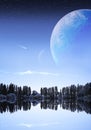 Fantastic night landscape with planets