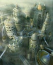 Fantasy 3D city form past to future Royalty Free Stock Photo