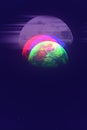 Fantasy abstract glitch moon or planet in green red and blue with big one with wind effect with stars
