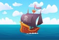 Fantasy adventure of wooden ship with pirate flag in sea harbor, galleon in sea landscape