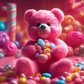 Fantasy Ai image of adorable pink fluffy teddy bear standing in a sweet candy land