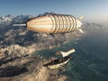 Fantasy airship over a coastal landscape