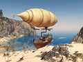 Fantasy airship over a coastal landscape