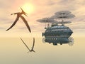 Fantasy airship and the pterosaur Pteranodon Royalty Free Stock Photo