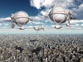 Fantasy airships over a megacity Royalty Free Stock Photo