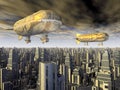 Fantasy airships over a megacity Royalty Free Stock Photo