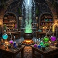 Fantasy alchemy laboratory with bubbling cauldron Royalty Free Stock Photo