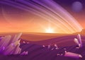 Fantasy alien landscape, another planet nature with rocks in fiels and planets in sky. Game design vector galaxy space