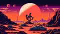 Fantasy alien planet with cactus and sun. Pixel art. Royalty Free Stock Photo