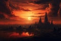 Fantasy alien planet. 3d render illustration of a fantasy alien planet, A hopeful sunrise over a city sky, AI Generated Royalty Free Stock Photo