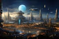 Fantasy alien planet, Venusian Cityscape Transport futuristic view, UFO