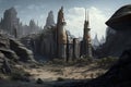 Fantasy alien planet. Mountain and city