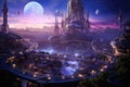 Fantasy alien planet. Mountain and city at night. 3D rendering, An alien ringworld at Twilight showcasing ancient architectures,