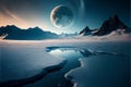 Fantasy alien planet. Mountain and frozen lake. 3D illustration Royalty Free Stock Photo