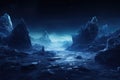 Fantasy alien planet. Mountain and lake. 3D illustration, minimalist photography, ice ruins, intricate, night, high resolution, 8K Royalty Free Stock Photo