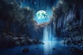 Fantasy alien planet. Mountain lake and waterfall. Generative AI