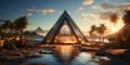 Fantasy Ancient Egyptian pyramid background with palm trees and Nile River scenery