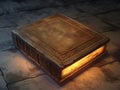 Fantasy ancient leather book with glowing golden pages Royalty Free Stock Photo