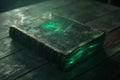 Fantasy ancient leather book with glowing green pages Royalty Free Stock Photo