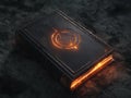Fantasy ancient leather book with glowing orange runes Royalty Free Stock Photo