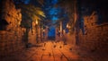 Fantasy ancient stone ruins in a jungle at night lit by fire torches on the walls. 3D rendering Royalty Free Stock Photo