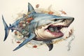 Fantasy of An angry big shark opens its mouth wide with sharp teeth. Undersea animals. Fish