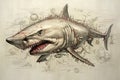 Fantasy of An angry big shark opens its mouth wide with sharp teeth. Undersea animals. Fish