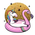Fantasy animal unicorn on flamingo inflatable circle.