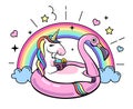 Fantasy animal unicorn on flamingo inflatable circle.