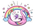 Fantasy animal unicorn on flamingo inflatable circle.