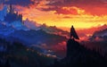 Fantasy anime landscape artwork of a knight overlooking vast mountains and forests