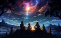 A fantasy anime scene with characters sitting around a campfire, under a starry sky in another world