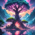 Fantasy anime tree of life with steps and an entrance inside its roots