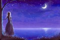 Fantasy art illustration. Princess girl making a wish in night seascape oil painting