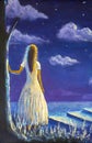 Fantasy art illustration. Princess girl making a wish in night seascape oil painting.