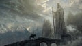 Fantasy art landscape with giant statue and rider - digital illustration