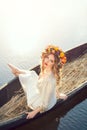 Fantasy art photo of a beautiful lady lying in boat Royalty Free Stock Photo