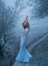 Fantasy art photo. Winter Beauty Woman. Sexy mermaid silhouette wedding dress. Adult Girl in image Snow Queen High Royalty Free Stock Photo