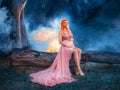 Fantasy art portrait red-haired woman fairy sits on log, creative design costume butterfly wings bright glow. Elf girl Royalty Free Stock Photo