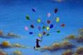 Fantasy art romantic painting girl with balloons and cat on clouds in sky illustration