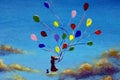 Fantasy art romantic painting girl with balloons and cat on clouds in sky illustration
