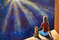 Fantasy art romantic painting man with cat sit and watch cosmos, night starry sky with bright rays of galaxy