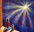 Fantasy art romantic painting man with cat sit and watch cosmos, night starry sky with bright rays of galaxy illustration for book