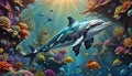 Fantasy Artwork Oil Painting of a Dolphin Swimming Between a Vividly Colored Coral Reef with Alcohol Ink Water Backdrop Royalty Free Stock Photo