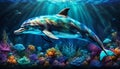 Fantasy Artwork Oil Painting of a Dolphin Swimming Between a Vividly Colored Coral Reef with Alcohol Ink Water Backdrop Royalty Free Stock Photo