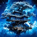 Fantasy asian temple on a tree in the clouds
