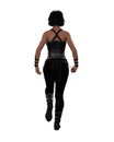 Fantasy assassin woman dressed in black walking away from the camera holding a knife. 3D illustration isolated on white with