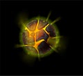 Fantasy asteroid. Cartoon planet with fiery surface. Fictional glowing magmatic galactic object, light beams beating from within.